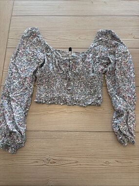 H&M Smocked Floral Long-Sleeve Crop Top - Pink & Green